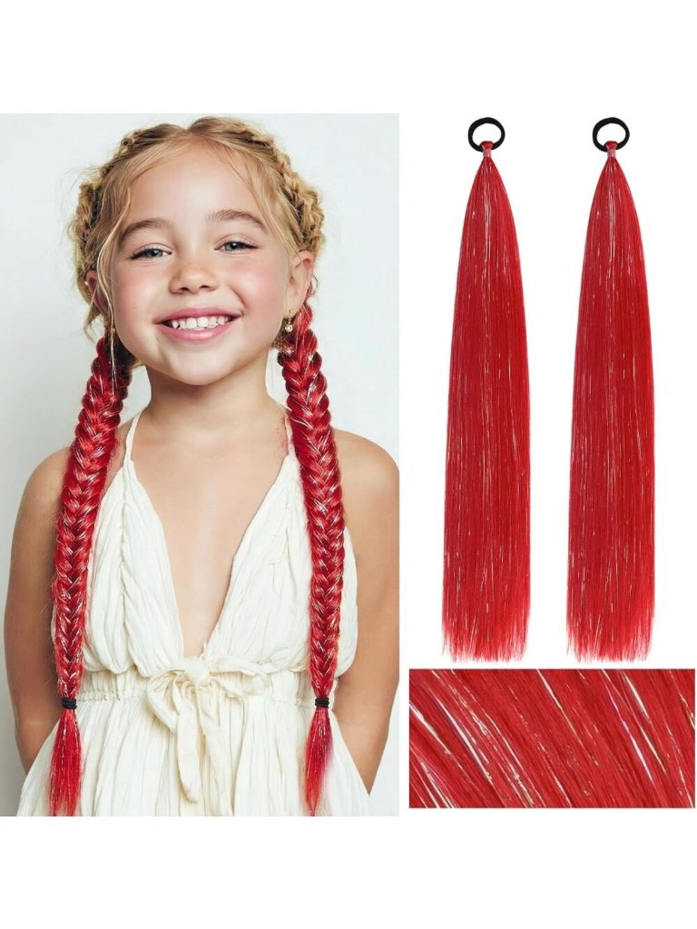 Vibrant Red Ponytail Extensions with Tinsel - 2 Pack Braided Hairpieces
